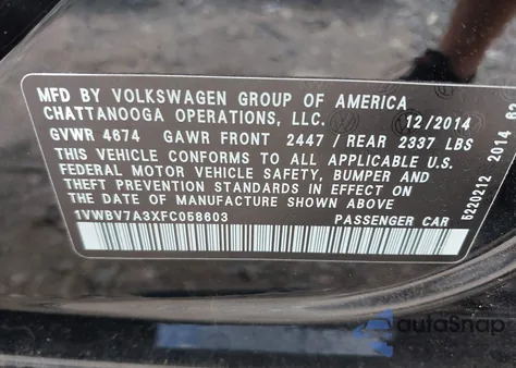 2015 Volkswagen Passat 2.0L Tdi Se from USA, damaged, VIN 1VWBV7A3XFC058603